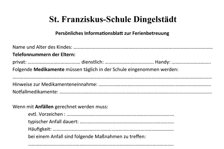 Informationsblatt zur Ferienbetreuung